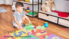  Presentation with meals - Presentation design with beautiful toddler boy sitting on puzzle playing meals with plastic plates fruits and vegetables at kindergarten background and a coral colored foreground