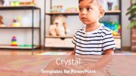  Presentation with toddler eating - Amazing slides having beautiful toddler boy sitting on puzzle eating small colored chocolate balls at kindergarten backdrop and a coral colored foreground