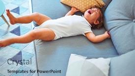  Presentation with crying - Presentation design featuring beautiful toddler child girl wearing white bodysuit crying lying down on the sofa background and a light blue colored foreground