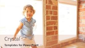  Presentation with denim - Colorful presentation enhanced with beautiful toddler child girl wearing blue denim shirt standing on the floor backdrop and a coral colored foreground