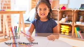  Presentation with colored pencils - Audience pleasing PPT theme consisting of beautiful toddler girl drawing cute draw using colored pencils at kindergarten backdrop and a coral colored foreground