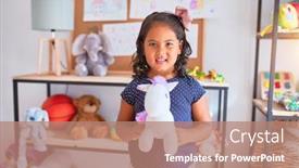  Presentation with unicorn girl - Beautiful slides featuring beautiful toddler girl holding cute unicorn doll at kindergarten backdrop and a coral colored foreground