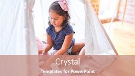  Presentation with unicorn girl - Beautiful slide set featuring beautiful toddler girl sitting on the floor playing with unicorn and doll inside tipi at kindergarten backdrop and a coral colored foreground