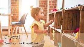  Presentation with kindergarten - Presentation theme featuring beautiful-toddler-standing-taking-toys background and a coral colored foreground