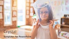  Presentation with unicorn - Presentation theme enhanced with beautiful toddler wearing glasses unicorn diadem and plastic cube on head playing as astronaut at kindergarten background and a coral colored foreground