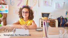  Presentation with unicorn - Audience pleasing PPT theme consisting of toddler wearing glasses and unicorn backdrop and a coral colored foreground