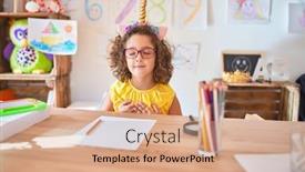  Presentation with unicorn - Beautiful presentation featuring beautiful toddler wearing glasses and unicorn diadem sitting on desk at kindergarten smiling with hands on chest with closed eyes and grateful gesture on face health concept backdrop and a coral colored foreground