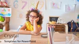  Presentation with unicorn - Presentation theme enhanced with beautiful toddler wearing glasses and unicorn diadem sitting on desk at kindergarten thinking looking tired and bored with depression problems with crossed arms background and a coral colored foreground