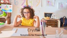  Presentation with unicorn - Slides having beautiful-toddler-wearing-glasses background and a coral colored foreground