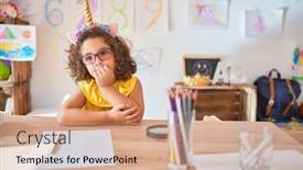  Presentation with unicorn - Colorful PPT theme enhanced with beautiful-toddler-wearing-glasses backdrop and a coral colored foreground