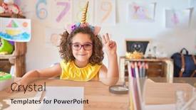  Presentation with unicorn - Colorful PPT layouts enhanced with beautiful-toddler-wearing-glasses backdrop and a coral colored foreground