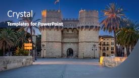  Presentation with diverse century 21 thinkers - PPT theme featuring beautiful-torres-de-serranos-14th background and a ocean colored foreground