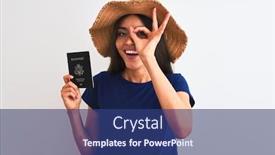  Presentation with passport - Presentation theme consisting of beautiful tourist woman wearing hat holding usa passport over isolated white background with happy face smiling doing ok sign with hand on eye looking through fingers background and a ocean colored foreground