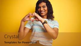  Presentation with transgender - Amazing slide set having beautiful transsexual transgender woman wearing t-shirt over isolated yellow background smiling in love showing heart symbol and shape with hands romantic concept backdrop and a gold colored foreground