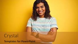  Presentation with transgender - Colorful presentation theme enhanced with beautiful transsexual transgender woman wearing t-shirt over isolated yellow background happy face smiling with crossed arms looking at the camera positive person backdrop and a gold colored foreground