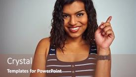  Presentation with transgender - Audience pleasing presentation consisting of beautiful transsexual transgender woman wearing striped t-shirt over isolated white background very happy pointing with hand and finger to the side backdrop and a tawny brown colored foreground