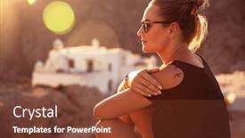  Presentation with spiritual - Slide set consisting of beautiful traveler girl sitting on top of the mountain and enjoying amazing view on the monastery in sunset light visiting beautiful places peaceful spiritual summer vacation background and a tawny brown colored foreground