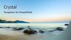  Presentation with tropical beach sunset - Colorful PPT theme enhanced with beautiful tropical beach at sunset backdrop and a light blue colored foreground