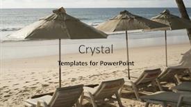  Presentation with tropical holiday - Colorful PPT layouts enhanced with beautiful tropical beach with deck chairs and parasosl holiday vacation concept backdrop and a mint green colored foreground