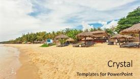  Presentation with island resort - Presentation having beautiful tropical beach with palms near small resort at phu quoc island in vietnam background and a lemonade colored foreground
