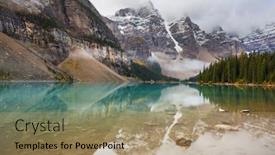  Presentation with beautiful moraine lake - Presentation theme having beautiful turquoise waters of the moraine lake with snow-covered peaks above it in banff national park of canada background and a coral colored foreground