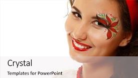  Presentation with artistic - Slide set featuring beautiful ukrainian young woman with artistic makeup like a red flower face closeup isolated on white background background and a lemonade colored foreground