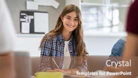  Presentation with writing notes - Beautiful presentation theme featuring beautiful-university-student-smiling backdrop and a coral colored foreground