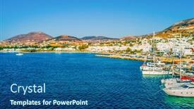  Presentation with marina - Presentation theme consisting of beautiful view of motorboats and yachts in the marina of paros island greece background and a ocean colored foreground