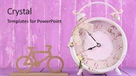  Presentation with vintage clock - Beautiful PPT theme featuring beautiful vintage alarm clock with decorative bicycle on table on wooden background backdrop and a lavender colored foreground