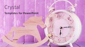  Presentation with vintage clock - Beautiful theme featuring beautiful vintage clock with decorative horse on table on wooden background backdrop and a lavender colored foreground