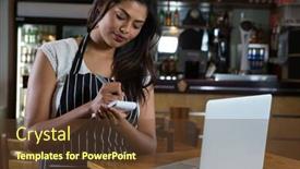  Presentation with waitress - Presentation design enhanced with beautiful-waitress-using-laptop background and a tawny brown colored foreground