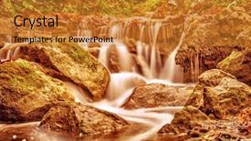  Presentation with dry forest - Beautiful presentation theme featuring beautiful waterfall in autumnal park dry orange foliage in the river flowing on stones in forest autumn season concept backdrop and a gold colored foreground