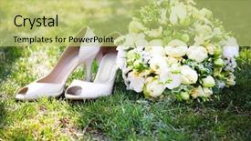  Presentation with rustic wedding green gold - Beautiful presentation featuring beautiful wedding bouquet and shoes backdrop and a yellow colored foreground