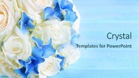  Presentation with wedding roses - Presentation design with beautiful wedding bouquet with roses on blue wooden table background and a sky blue colored foreground