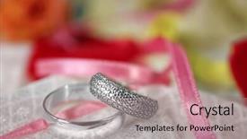  Presentation with wedding white - Theme with beautiful wedding rings on white fabric background background and a coral colored foreground