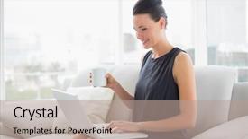  Presentation with well - Colorful slide set enhanced with beautiful well dressed young woman using laptop while having coffee on sofa at bright home backdrop and a coral colored foreground