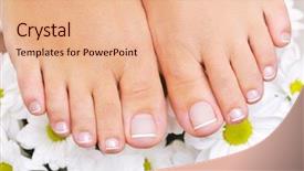  Presentation with well - Beautiful presentation theme featuring beautiful well-groomed female feet with the french pedicure and flowers on background backdrop and a coral colored foreground