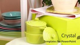  Presentation with tableware - Cool new slides with beautiful white furniture with tableware and decor on color wall background backdrop and a yellow colored foreground