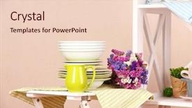  Presentation with tableware - Presentation design featuring beautiful white furniture with tableware and decor on color wall background background and a lemonade colored foreground