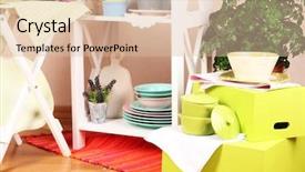  Presentation with tableware - Presentation design enhanced with beautiful white furniture with tableware and decor on color wall background background and a lemonade colored foreground