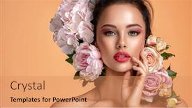  Presentation with beautiful skin - Colorful PPT layouts enhanced with beautiful-white-girl-with-flowers backdrop and a coral colored foreground