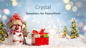  Presentation with winter blue - Slides enhanced with beautiful winter background with snowman and gift box on a wooden old desk fir trees and blue sky background and a sky blue colored foreground