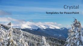  Presentation with green mountains - Theme enhanced with beautiful winter landscape in the mountains tops of mountains covered with snow and green firs at the foothills background and a light blue colored foreground