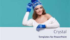 Presentation with winter blue - PPT theme consisting of beautiful winter woman holding a blank billboard isolated on blue background background and a sky blue colored foreground