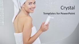  Presentation with skincare - Cool new presentation design with beautiful woman applying facial moisturizing cream skincare concept backdrop and a light gray colored foreground