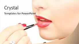  Presentation with blush brushes lip gloss - Slide set consisting of beautiful woman applying lip gloss background and a sky blue colored foreground