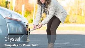  Presentation with towing - Amazing slide deck having beautiful woman assembling towing hook to a broken car backdrop and a gray colored foreground