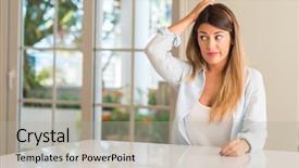  Presentation with home - Slide set featuring beautiful woman at home doubt background and a light gray colored foreground