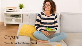  Presentation with pause - Colorful PPT layouts enhanced with beautiful woman at home making a pause of work to eat a salad backdrop and a coral colored foreground
