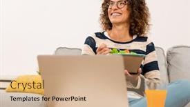  Presentation with pause - Slides having beautiful woman at home making a pause of work to eat a salad background and a coral colored foreground